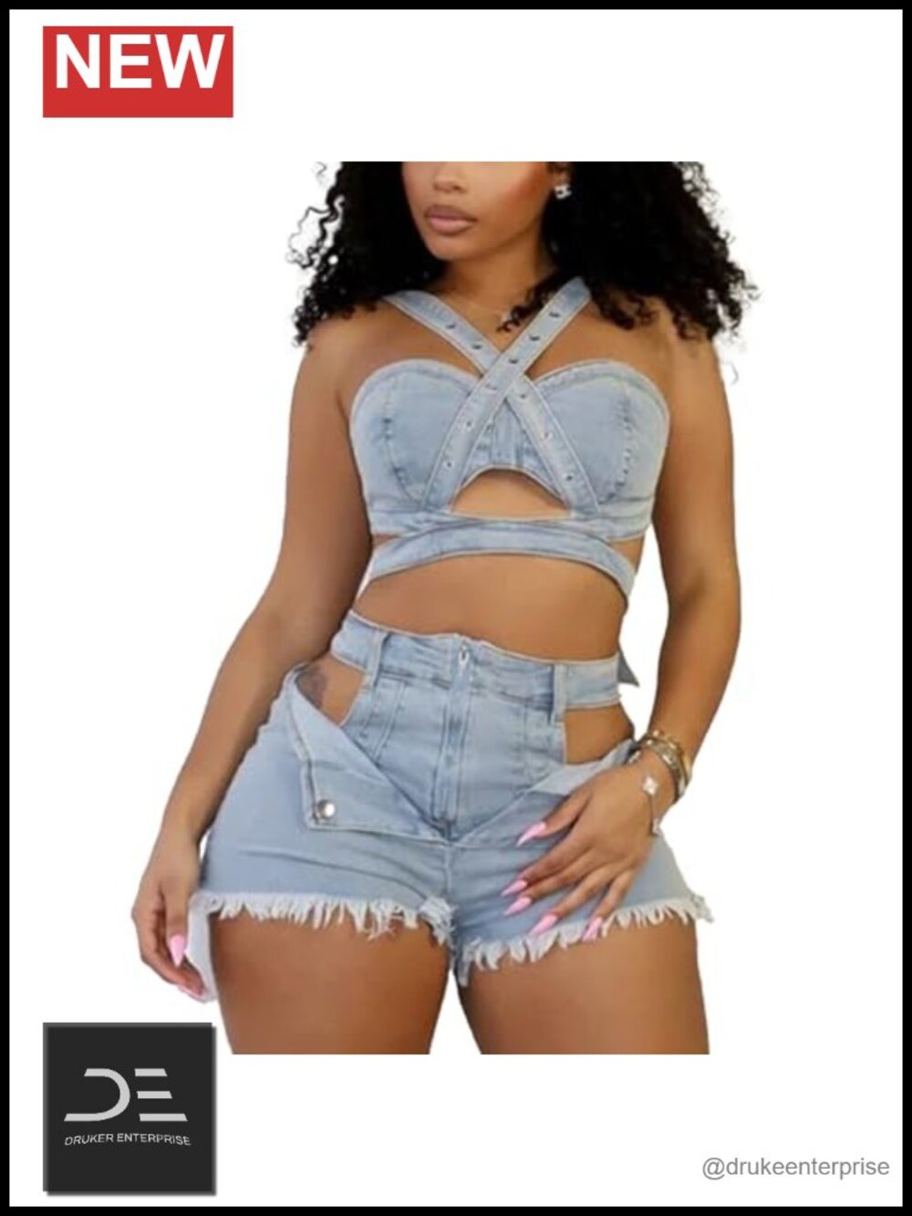 Women's Denim 2 Piece Outfit Stretchy Crop Tank Top Bodycon Shorts Set Hollow